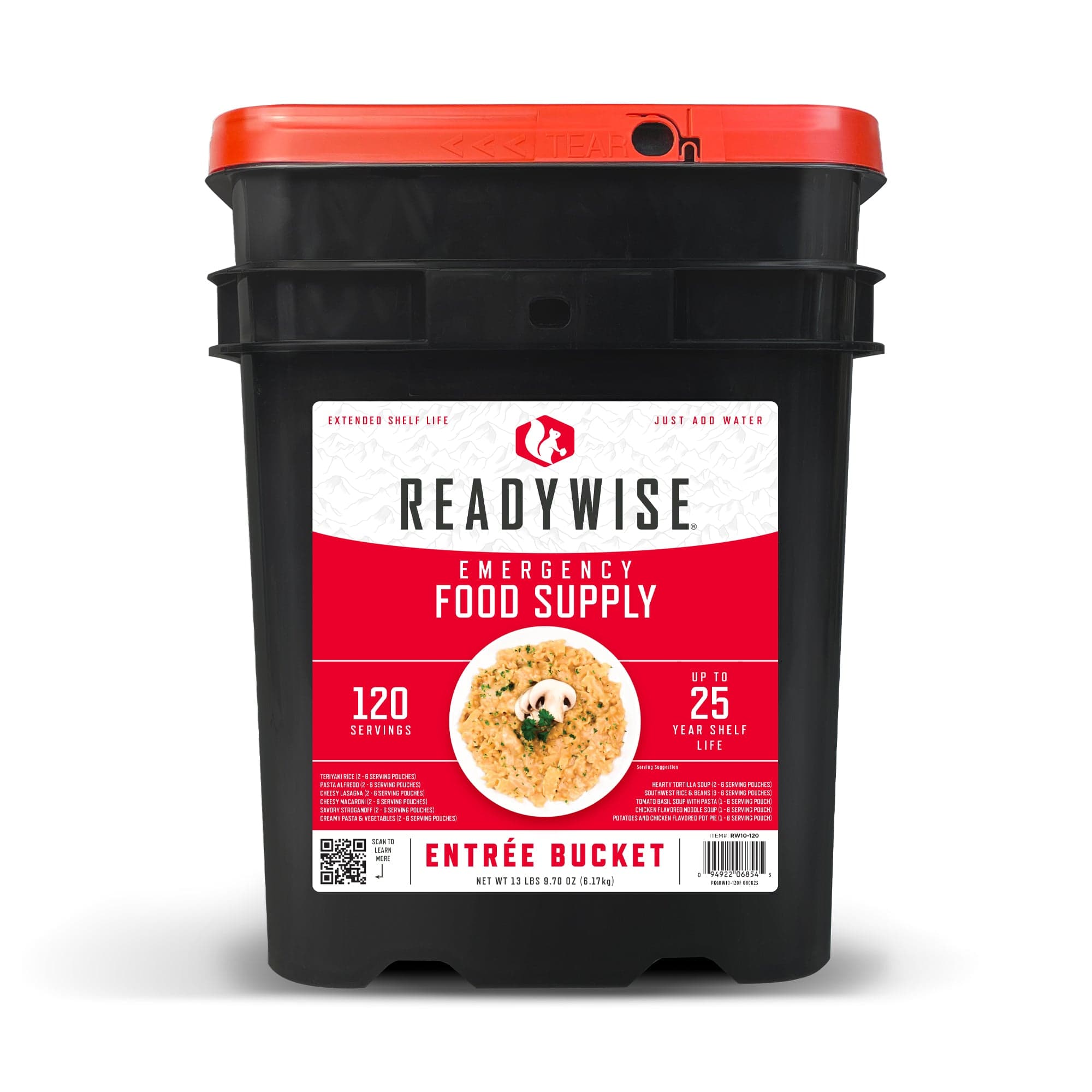 ReadyWise 120-serving emergency food supply bucket — long-term freeze-dried meal storage for families